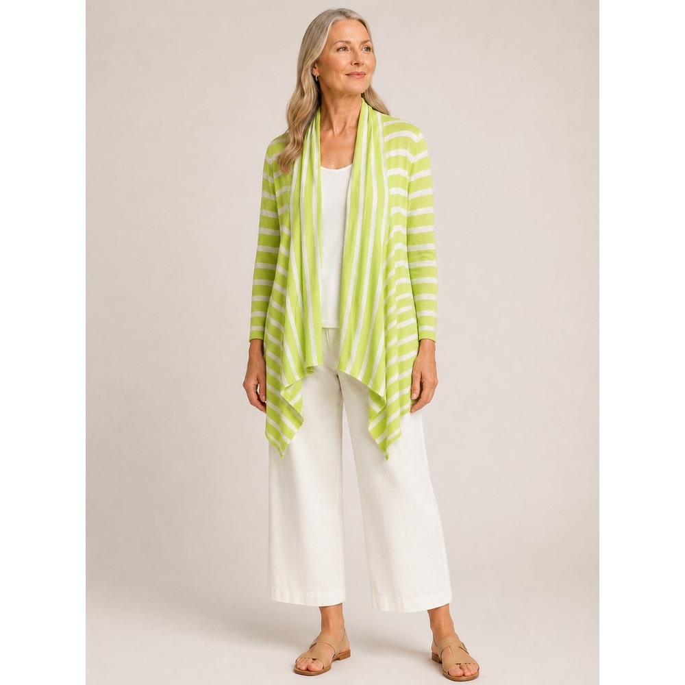 J. Jill Womens Open Cardigan XL Green White Striped Linen Draped Wrap FLAW
